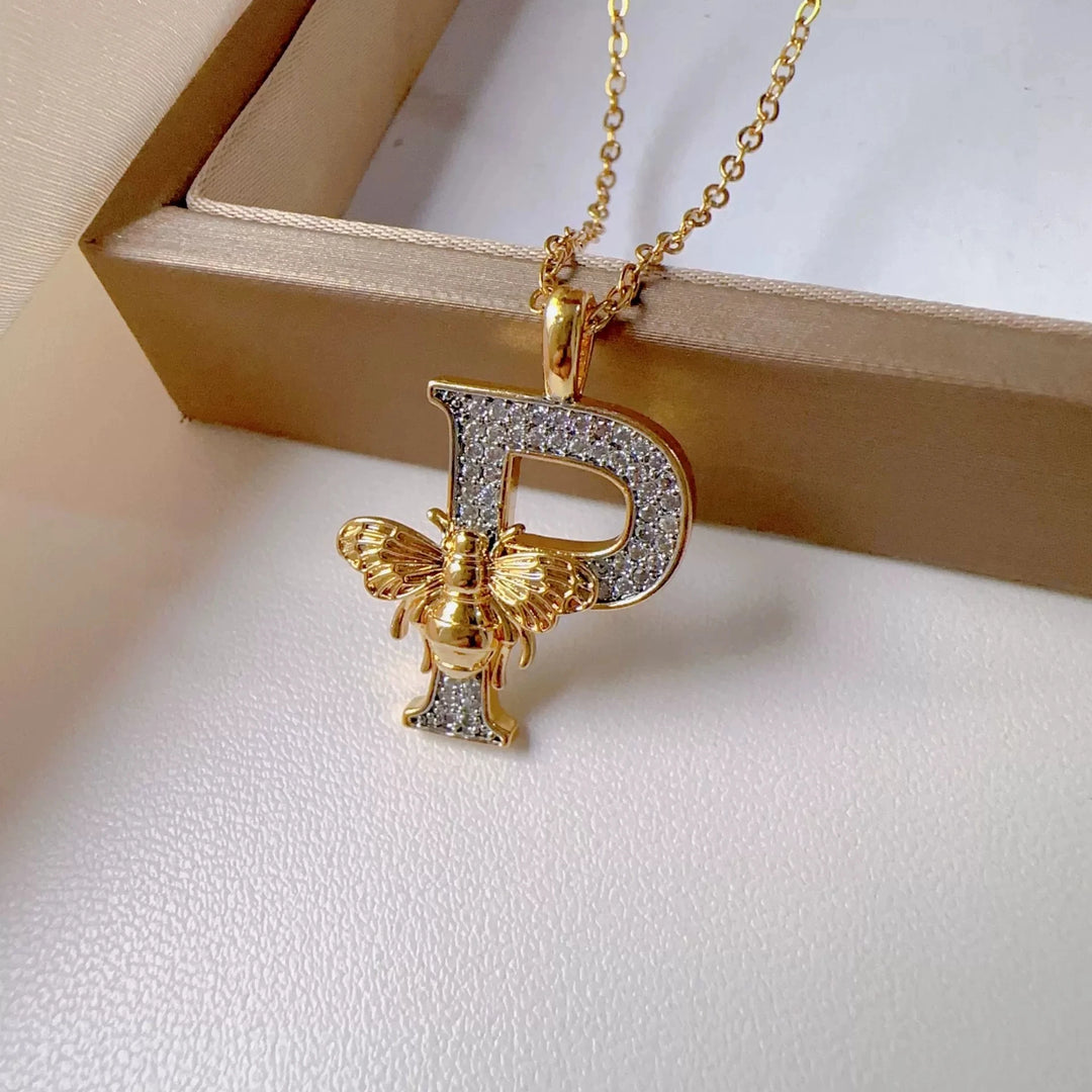 Bee & Initial Pendant Necklace